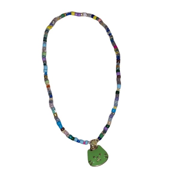 Colorful Seed Bead bracelet w/ Green Enamel Cat Charm, Trendy Kitten Core - Picture 1 of 3